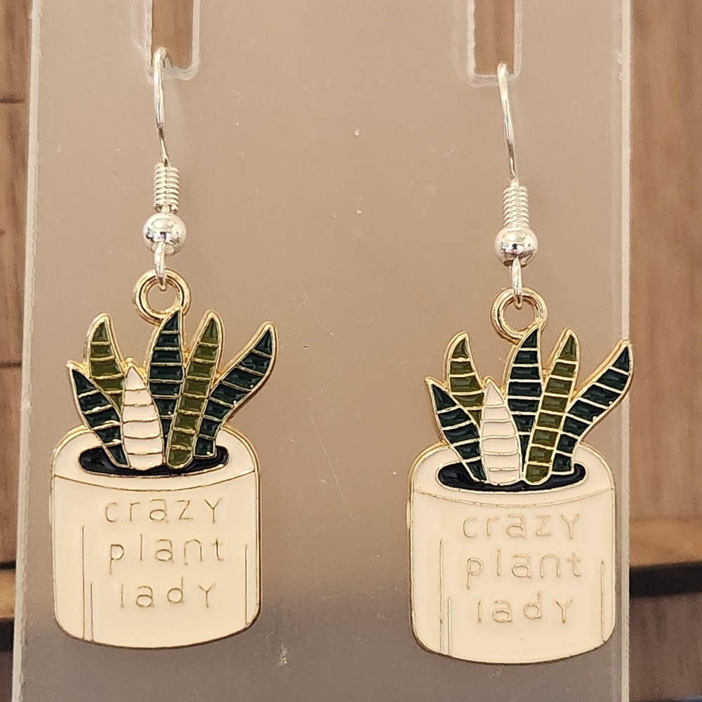 Crazy Plant Lady Enamel Dangle Earrings Green Snake Plant‎ Potted Botanical Gift